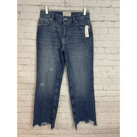 Free People Maggie Midrise Jeans Sequoia Blue Size 25 28x27 Distressed Hem Raw - Picture 3 of 11